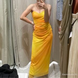 New with Tags Zara Yellow Sunset Tulle Strapless Dress Size S